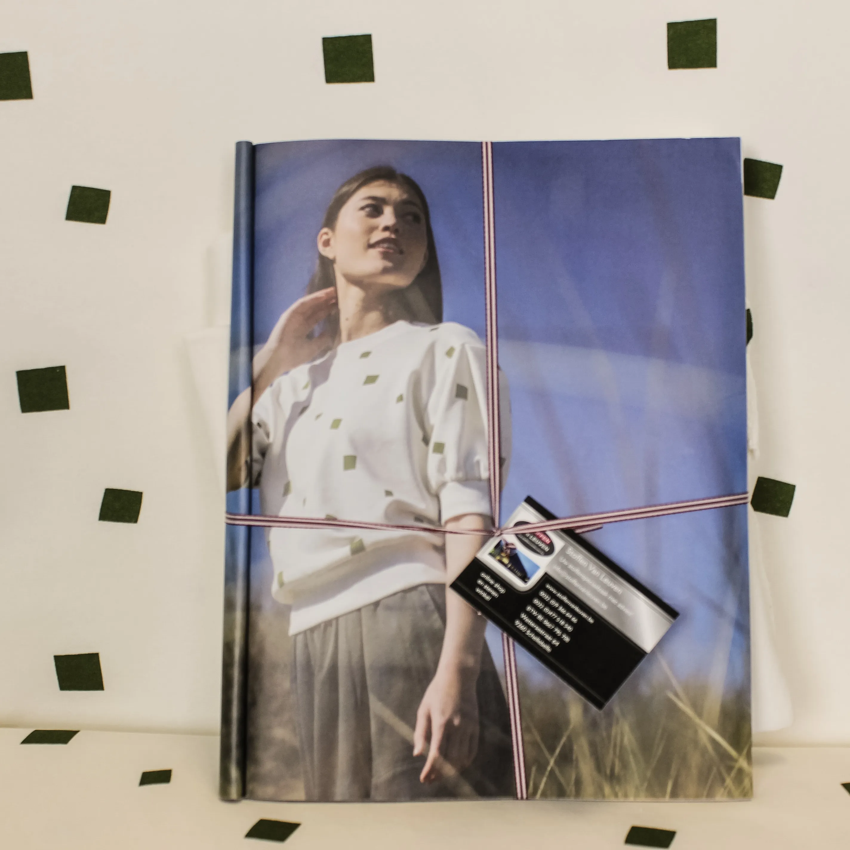 Witte french teryy met groene vierkantjes , Arielle top uit Fibre Mood . -voordeelpakket-